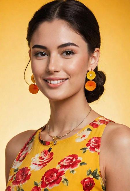 ((Create a highly realistic full body portrait of a young, flat face, slight smile, deep dimple, camera focused around 24 years old. The image should be detailed and lifelike, making it challenging to discern whether it's a real photograph or a digital creation. Focus on achieving realism in her facial features, skin texture, and hair, and ensure the lighting contributes to the overall authentic appearance)). Crop Top. Vibrant colors, Black Brown Hair, Hair is long way and silky, floating in air, outdoor, bright yellow designer floral dress made of shiny reflective material, red and orange shading light, body lean over, shadows, majestic, ((yellow acrylic background, 500mm camera, floral earrings, floral necklace, biting lips with lust)), (((surrounded by clocks floating in air, camera follows rule of third)))