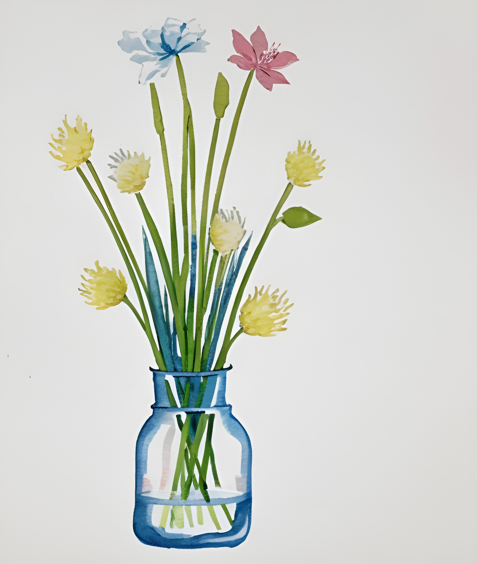 wat3rc0l0r, wc_negative_space, flowers in a glass jug, stalks, flower buds, background white patterned paper