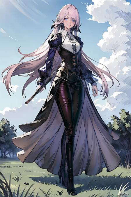 1girl, long hair, purple_hair, white_collared_shirt, full body, black pant, high heels, blue_eyes, glowing eyes, serious_face, smirk, furrowed eyebrows, woman, sexy, grass field, blue sky, cloud, spear