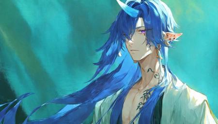 1boy, solo, long hair, blue hair, purple eyes, looking away, upper body, facing viewer, facial tattoo, expressionless, haori, pointy ears, masterpiece, best quality