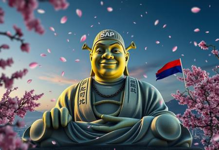 A serene and magical scene featuring a gigantic stone statue of Buddha, but with Shrek's face. The statue is in a meditative pose with cap on his head with logo SAP text and Serbian red blue white flag in one hand. The statue should resemble the Kamakura Buddha, smiling peacefully. Surrounding the statue are glowing Kanji characters, adding a mystical touch. Cherry blossom petals are blowing in the wind, filling the air.The skyline is beautiful, with high detail and an overall serene, masterpiece quality.