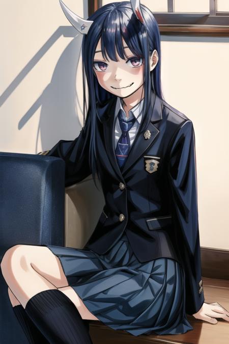 Aoki_Ruri blue_hair,red_eyes, black_ blazer, blue_bowtie, collared_shirts,skirt, fangs, horns, long_sleeves, school_uniform, sharp_teeth,