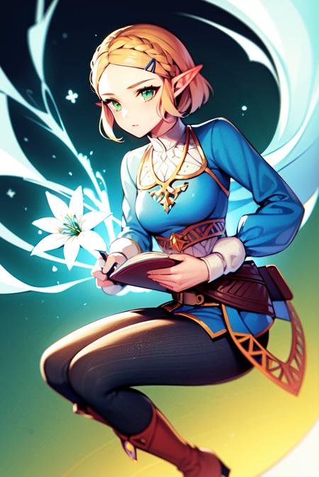 princess zelda, 1girl, artist request, belt, blonde hair, blue shirt, book, boots, expressionless, full body, green eyes, highres, looking at viewer, magic, nintendo, pants, pointy ears, shirt, short hair, simple background, solo, the legend of zelda, the legend of zelda: breath of the wild, the legend of zelda: tears of the kingdom, flower made of light, magic