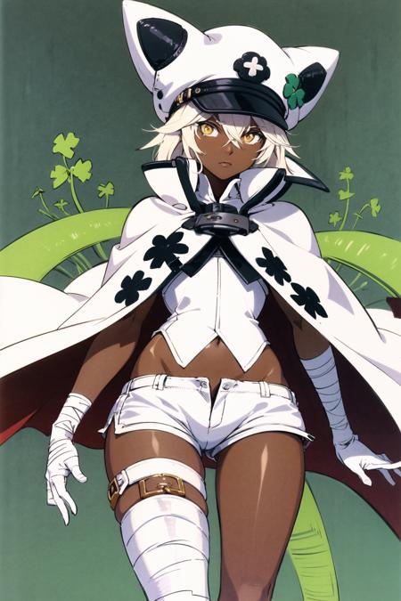 cowboy shot, solo, 1girl, ramlethal valentine, dark skin, dark-skinned female, expressionless, looking at viewer, white headwear, cape, short shorts, thigh strap, (gloves:1.1), bandages, bandaged arm, bandaged leg, four-leaf clover,  <lora:Daisuke Ishiwatari:0.7>, <lora:Ramlethal Valentine:0.8>