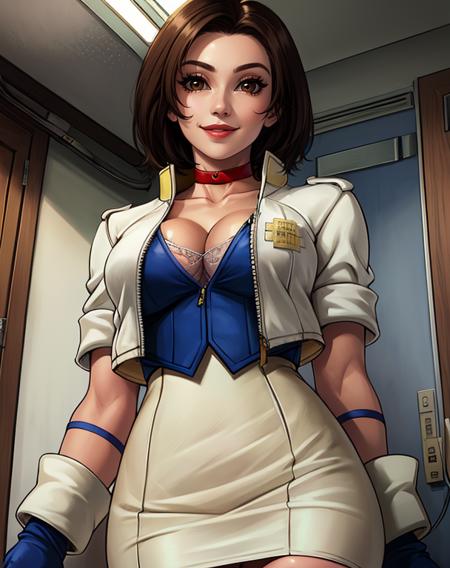 Alice.brown hair,short hair,brown eyes,cleavage,
choker,white,cropped jacket,jacket,gloves,skirt,
standing,smile,from below,
hospital room.,
(insanely detailed,  masterpiece, best quality),<lora:Alice:0.8>,