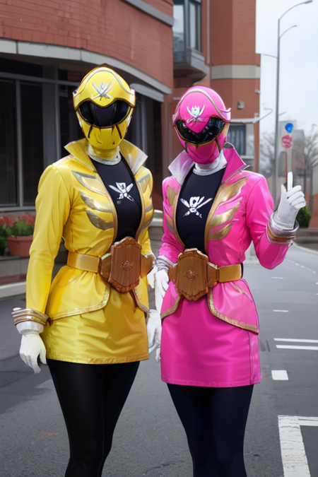 gokaipink, pink suit, black inner, short skirt, pantyhose, belt, gloves, (helmet), (mask), large breast,  gokaiyellow, yellow suit, black inner, short skirt, pantyhose, belt, gloves, (helmet), (mask), large breast,