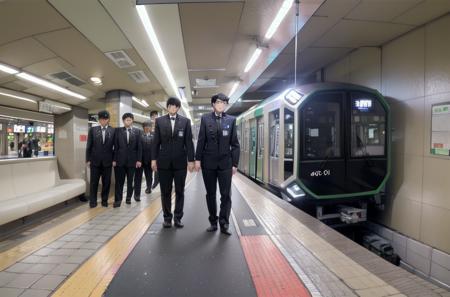 best quality, ultra-detailed, illustration,
OsakaMetro400, subway station, train station, multiple boys, train, pants, 6+boys, necktie, indoors, hat, uniform, glasses, black hair, standing, shoes, male focus
 <lora:OsakaMetro400_SD15_V1_DIM4:1>