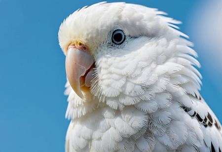 portrait, masterpiece, 4k, ray tracing, intricate details, highly detailed, hyper realistic, 8k RAW editorial photo.
a cute white budgie, head tilted and slightly blinking. The budgie's feathers should be soft and fluffy, the background should be a blue sky, dramatic light, shallow depth of field, high budget,