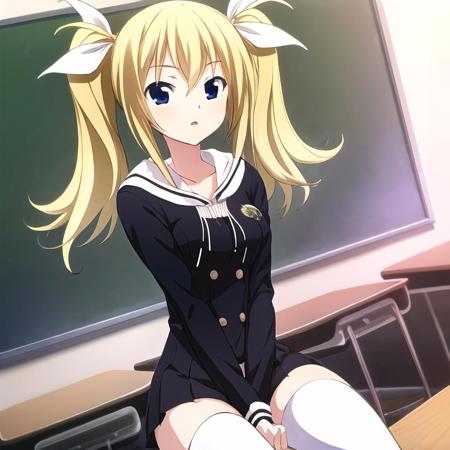 masterpiece, best quality, highres, Arimura, 1girl,  solo,  blonde hair, blue eyes,  collarbone, twintails, hair ribbon, white ribbon,  standing, school uniform, sitting, thighhigh, white legwear