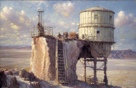 (impressionism:1.05), salt flat, Cliff/Bluff, industrialism, (jeremy mann:1), rural, scene painting,scenery,a painting, stairs,ladder,cloud, <lora:å·¥ä¸è¸æ±½:0.3>,