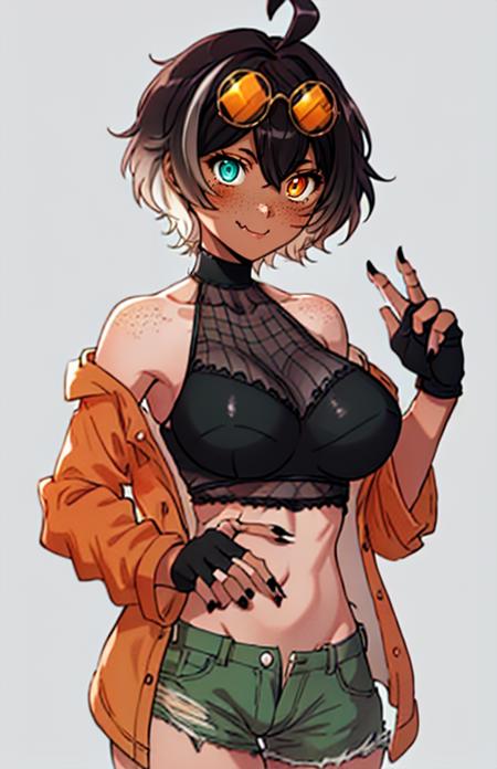 Mari_Nanjo, short hair, blue eyes, large breasts, brown hair, gloves, navel, jacket, ahoge, multicolored hair, shorts, black gloves, fang, midriff, fingerless gloves, orange eyes, heterochromia, sunglasses, black nails, orange-tinted eyewear