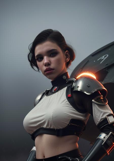 bruna, half-length portrait of girl,light eyes, full lips,  hair raised by the wind, white skin, ethnic style, side lighting, high contrast , movement posture, dark background, photo quality, 4K, futuristic, diesel punk, ww1, cccp, red, warhammer, mech on background, battlefield, shadows,  rain, fog <lora:bruna_linzmeyer_v1:1>