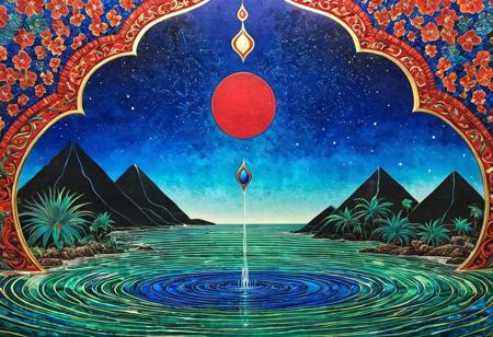 Eliah and Khezr searching for the water of life in the land of darkness, land of darkness, lapis lazuli blue, malachite stone, opal stone structure, Haft Paykar, dark patterns, chiaroscuro, noir, recurrence, cyclic universe, cyclical, aureolin, crimson red, sharp colors, bright, splendid, mesmerizing art, ths_tapestry, masterpiece, ths_tapestry, Amanda Sage style, pureerosface_v1, FixedStars