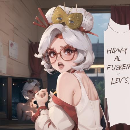 Highly detailed, High Quality, Masterpiece, beautiful, 1girl, ItsAllFuckingLewdsMeme, monitor, blush, angry, open mouth, <lora:ItsAllFuckingLewdsMeme:1>, purah, red glasses, hair ornament, hair stick, red headband, white shirt, bare shoulders, white jacket, <lora:Char_Zelda_Purah:0.9>