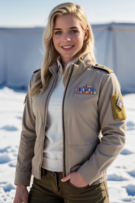 Professional photograph of GA1,<lora:GemmAtkins20byMal:0.9>, 36yo. blonde, she's very fit, she's a soldier wearing a modern military navy uniform, she's standing guard outside a military encampment in a frozen tundra, she's wearing a fancy uniform, snowing, sunrays, ray-tracing, she has long blonde hair combed to the sides, she's smiling brightly, toothy smile facing the viewer, 4k, bokeh, 8k, absurdres, masterpiece, highest quality, award winning shot, ray-tracing