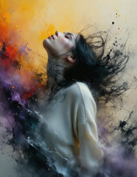 Dutch tilt close up of a windswept brunette (alabaster skin, fractured by crystalline sugar highlights), swirling inky chaos, her yellow wool jumper against liquid gloss.
Impasto oil textures; molten sugar crystallizes on her collarbone. mist clings to her silhouette, dissolving into fractal patterns.
Suspended ink droplets — crushed lavender-red streaks.
Bruise-toned gradients clash with ethereal pastels, depth amplified by anamorphic lens distortion. volatile metamorphosis.
