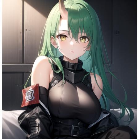 ((masterpiece)),(best quality),official art,extremely detailed CG,unity 8k wallpaper,ultra detailed,perfect lighting,1girl,solo,upper body,(portrait:1.2),very_long_hair,green_hair,single_horn,black_footwear,boots,black_gloves,oni_horns,looking_at_viewer,armor,arm_ribbon,black_shirt,breastplate,clothes_around_waist,hair_between_eyes,sleeveless_shirt,jacket_around_waist,black_pants,yellow_eyes,knee_pads,black_ribbon,bare_shoulders,cross-laced_footwear,high_collar,straight_hair,bangs,large_breasts,armband,black_jacket,<lora:Hoshiguma(ark)>,