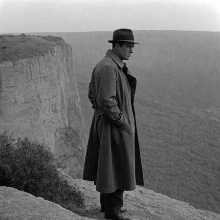1950s detective film, mysterious man in a trenchcoat standing at the edge of a cliff after murdering a man whos corpse lies next to him. Captured on a 35mm camera, black and white, classic film noir film.