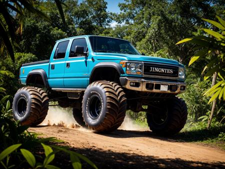 white Monster truck in the jungle, hyperealist, digital art, dramatic lighting, intricate, elegant, highly detailed, smooth, high resolution isometric, filmic, happy lighting