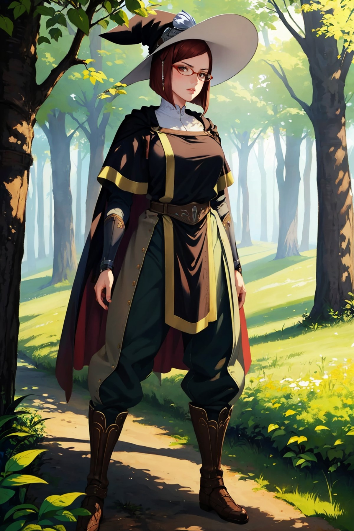 masterpiece, best quality, miriel, glasses, cape, black robe, tabard, witch's hat, brown pants, boots, large breasts, look...