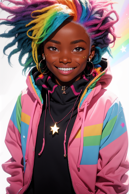 Niji Pride, 1girl, solo, blush, smile,  brown hair, shirt, jewelry, blue hair, jacket, upper body, multicolored hair, earrings, green hair, teeth, dark skin, hood, necklace, star (symbol), dark-skinned female, hoodie, turtleneck, hooded jacket, black sweater <lora:nijipride:1>