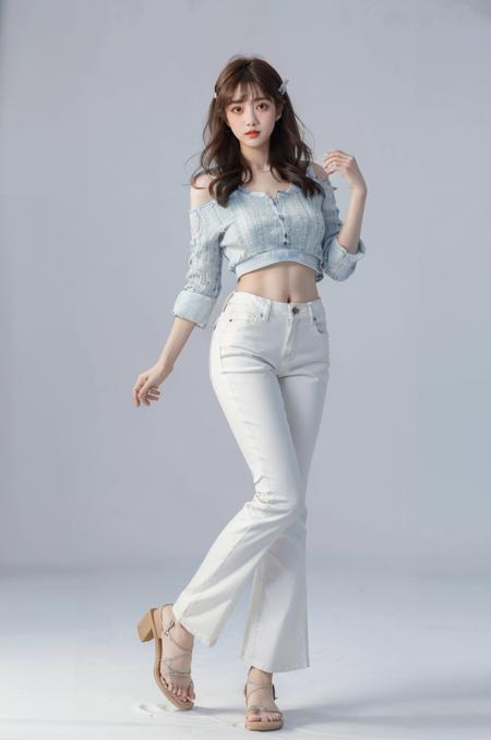 Li YiTong,1girl,solo,pants,smile,shirt,jeans,denim,brown hair,midriff,sandals,long hair,standing,white shirt,toenail polish,(toenails:1.1),(simple background:1.1),white background,<lora:æèºå½¤:0.8>,, (masterpiece:1.323),(best quality:1.241),(contrast boost:1.11),(available light:1.1),(realistic:1.2),(intricate details:1.2),(colorful:1.12),(ultra high res:1.2),(Hyperrealistic:1.2),(highly detailed:1.1),8K,light effect,