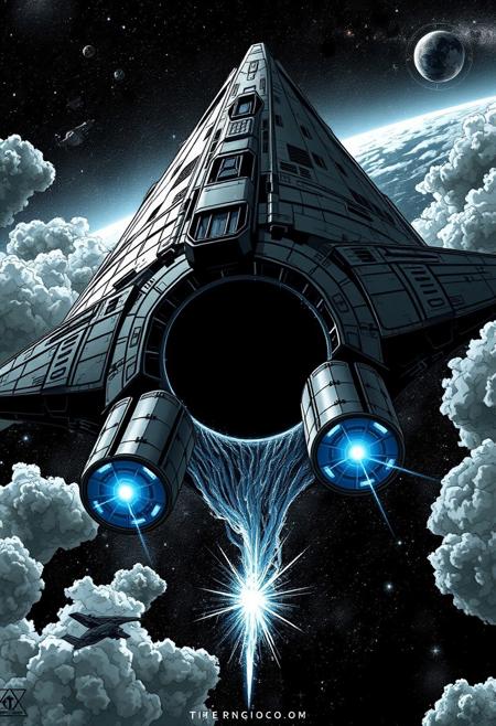 massive starship, glowing black hole, cosmic vortex, blue engine thrusters, interstellar travel, space exploration, futuristic spacecraft, luminous clouds, celestial bodies, dramatic lighting, science fiction, deep space, cosmic wonder, high detail, cinematic style, dark, graphic, meticulous detail, stark black-and-white, high-contrast, bold aesthetic, classic comic book influence, alienation themes, body horror, surreal elements, realistic figures, grotesque imagery, clean linework, dramatic shading, eerie tone