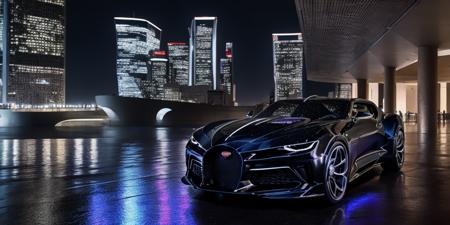 Bugatti La Voiture Noire,masterpiece,  Bugatti,highly detailed photorealistic 8k raw photo,Rainy night, night,bright tones,real light and shadow,best cinematic quality, volumetric lighting and shadows, the front of the car has a Camaro logo,1girl driving car, sprktt,cutting-edge design, showcasing sleek lines, advanced features, innovation, futuristic cityscape, high-tech laboratory, futuristic cityscape background, Full shot, shiny and reflective bodywork ,8k <<lora:Bugatti La Voiture Noire:0.7>