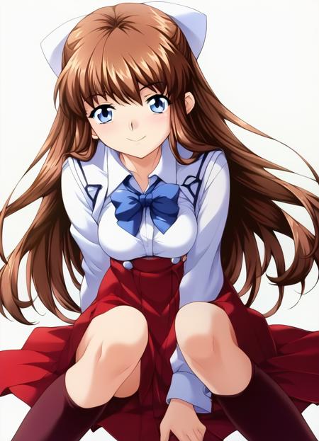 nagawa_midori, 1girl, blue eyes, brown hair, long hair, hair bow, white bow, school uniform, long sleeves, blue bowtie, BREAK, skirt, red skirt, BREAK, black legwear, BREAK, brown footwear, loafers