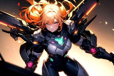 night, bright neon colors, cyborg girl, gradient red and yellow hair blowing in the wind, detailed cyber heavy armor, glowing armor, cybernetic limbs, dynamic angle, (cyberpunk:1.1), best quality, hires, depth of field, detailed background, diffused skin glow