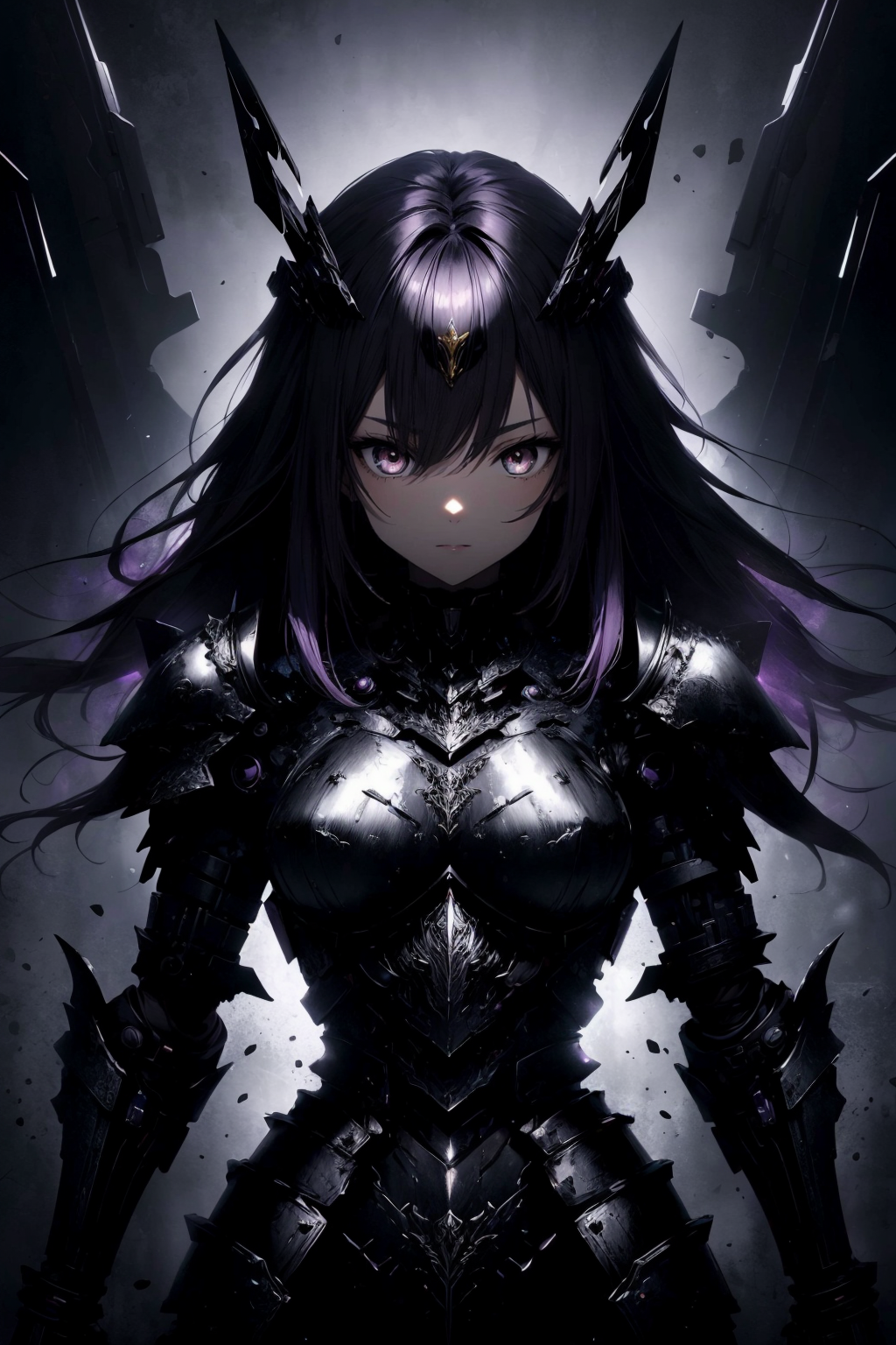(masterpiece:1.1), (highest quality:1.1), (HDR:1.0), (1girl), purple hair, (armor, metal, powerful, abstract:1.2), (black ...