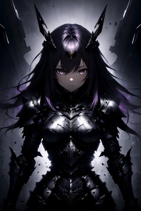 (masterpiece:1.1), (highest quality:1.1), (HDR:1.0), (1girl), purple hair, (armor, metal, powerful, abstract:1.2), (black theme:1.5), detailed eyes, ready eyes, looking at viewer, electric eyes