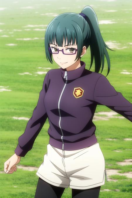 (masterpiece), high quality, (detailed background:1.3), 1girl, solo,
<lora:MakiZenin-v2-05:0.65>, ChopioMakiZenin, long hair, green hair, blunt bangs, high ponytail, brown eyes, glasses, semi-rimless eyewear, (looking at viewer:1.3),
hair tie,
outfit_2, purple jacket, long sleeves, white shorts, leggings, leggings under shorts,
sneakers
athletics field, school, grass, sunny,
standing, smile,