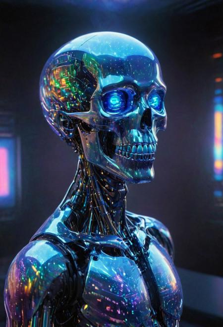A highly detailed CGI image of a holographic blue-robot with glowing h4v_h0l0. The robot has a large, smiling blue face with big, expressive eyes and a small, open mouth, giving it a friendly appearance, circuit-like patterns on its forehead. female robot  entirely made of h4v_h0l0, featuring gold accents on the eye sockets and nose. The skull wears a vivid blue h4v_h0l0 suit jacket with a glossy finish, and a tie also constructed from h4v_h0l0. The design blends surreal and artistic elements, combining android and human traits with precision. The skull’s lips are closed, forming a calm, neutral expression. The background is a soft, sparkly gradient of red and green hues, giving the image a luminous, dreamlike feel. The skull has a smooth, polished surface, and the lighting is carefully arranged to highlight both the intricate keyboard structure and the reflective jacket. The composition is well-balanced and focused on the upper torso and skull, emphasizing artistic foreshortening and chromatic detail, in the style of contemporary light-based art installations, smoke h4v_h0l0 datacenter background. holographic blue-robot with glowing h4v_h0l0, android skull made of h4v_h0l0 with gold eye sockets and nose, blue h4v_h0l0 glossy suit jacket, h4v_h0l0 tie, soft sparkly pink h4v_h0l0 gradient background, polished textures, surreal and artistic CGI, neutral expression, foreshortening art, smoke h4v_h0l0 datacenter background