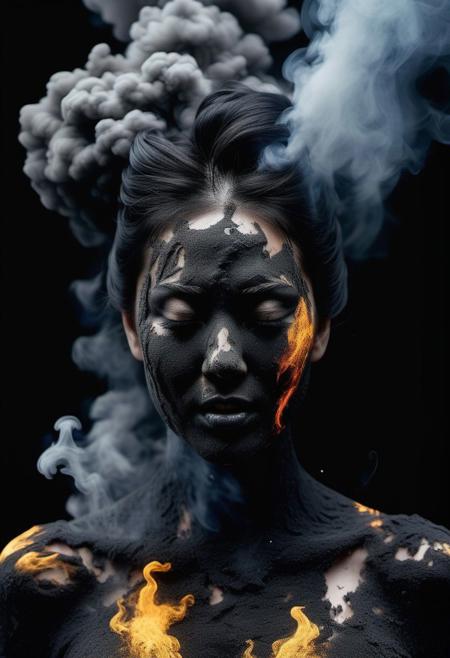 Double-masking photography, an angry goddess formed from the smoke of a sulfur explosion, Gia crying, from the smoke exits flaming dragon , black smoke, fire, acid rain, by HGHD, negative space, intricate details, photo illustration, 100 mm lens, cinematic scenes, liquid plasma scatter, fluid dynamics, ink art, blink-and-you-miss-it detail