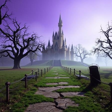 A creepy liminal space in front of Peach’s Castle from Super Mario 64, where the once familiar world has become unsettling and oppressive. The castle stands towering in the distance, its bright colors faded and dulled, casting a dark, suffocating shadow over the empty, abandoned lawn. The lush green grass is now eerily still, almost lifeless, and the sky above is a bleak, unnatural shade of purple—no clouds, no movement, just a quiet that feels suffocating.
The once inviting pathways are cracked, uneven, and barely visible through the overgrown, dead grass. The bridges that once seemed playful now look decayed and broken, standing still as if forgotten. The trees lining the path are twisted, their branches reaching out like gnarled, skeletal fingers, casting long shadows that seem to move on their own.
A thick fog lingers over the ground, seeping toward the castle’s base, distorting the view as if the structure itself is slowly fading away. The world around you feels frozen in time, a lonely, abandoned place with no sound, no life—just the oppressive sensation of being completely alone. The world of Super Mario 64, once vibrant and alive, is now empty and hostile, a void where the silence is unbearably heavy, and a sense of dread creeps through every corner. The isolation is suffocating, and the feeling that something is watching from the darkness just beyond the fog lingers in every moment.