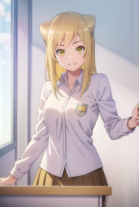 hikaritakanashi, <lora:hikari takanashi s1-lora-nochekaiser:1>,
hikari takanashi, medium hair, blonde hair, (yellow eyes:1.5), fang, hair bun, double bun, cone hair bun, smile, grin,
BREAK skirt, shirt, school uniform, white shirt, pleated skirt, brown skirt,
BREAK indoors, classroom,
BREAK looking at viewer, (cowboy shot:1.5),
BREAK <lyco:GoodHands-beta2:1>, (masterpiece:1.2), best quality, high resolution, unity 8k wallpaper, (illustration:0.8), (beautiful detailed eyes:1.6), extremely detailed face, perfect lighting, extremely detailed CG, (perfect hands, perfect anatomy),