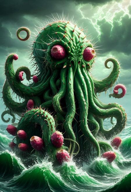 [Monster]monster cthulhu, cthulhu, in a maelstrom, in the sea and whitewash, tech  <lora:Prickly Pear Style v1:1>, Prickly Pear Style,