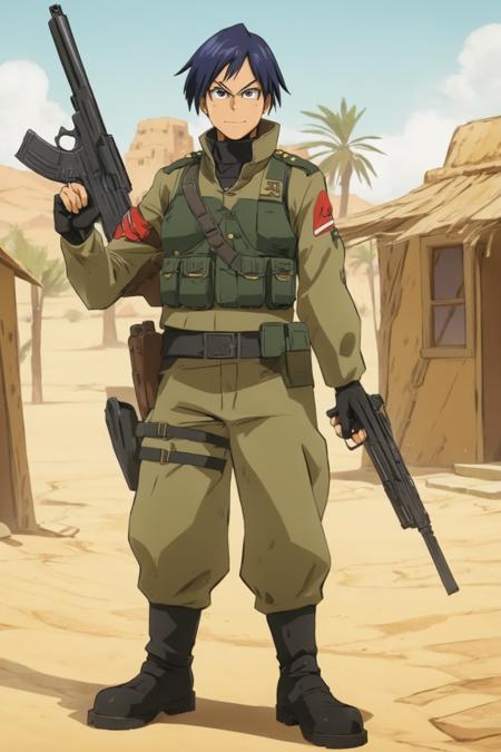 Full body view,  tenxiida character,  anime style image,  wearing a military outfit,  holding a gun,  in a desert village, <lora:EMS-57832-EMS:1.000000>