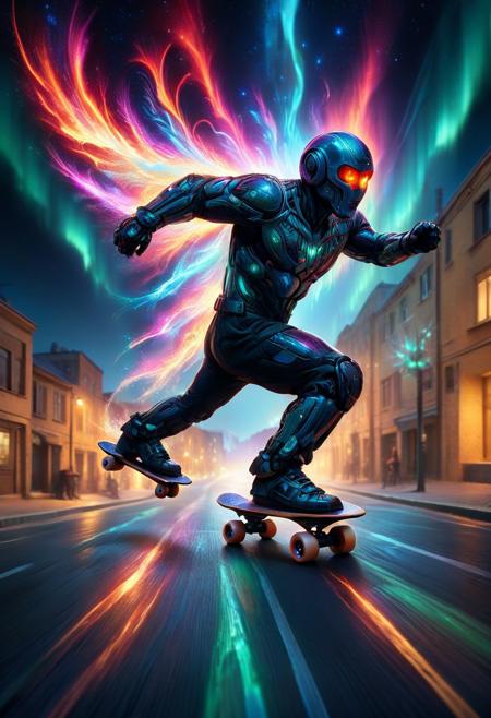 An epic photo of a CivBot skateboarding, masterpiece, best quality, highly detailed, sharp focus, dynamic lighting, flux-style, morph-aurora,