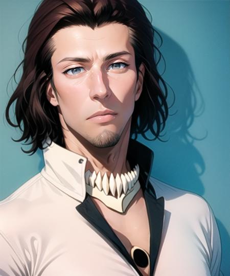  best quality, masterpiece, ultra detailed illustration, 1man, portrait, slim,  <lora:Starrk:1>, Starrk,brown hair, grey eyes, white shirt,  black collar,skeleton jaw necklace,  <lora:Mild detail adjusterV10_4:1>