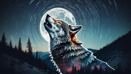 surreal double exposure portrait of a beautiful howling wolve in dark mountain forest scenery against star trail starry night, by Dave White, Conrad Roset, Brandon Kidwell, Andreas Lie, Dan Mountford, Agnes Cecile, triadic colours, thick opaque strokes, accurate depth of field, hyper detailed, whimsical, dynamic, dreamy masterwork
