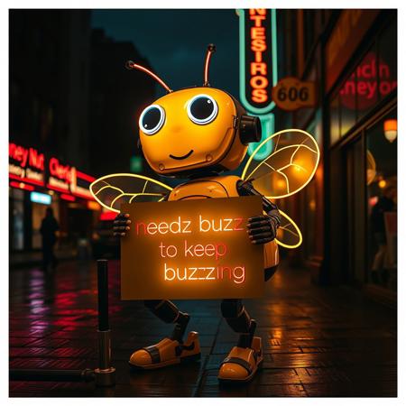 'neon Robot Bee' from Honey Nut Cheerios, Holding sign that reads "needz buzz to keep buzzing"
Dark street, wet streets, neon signs