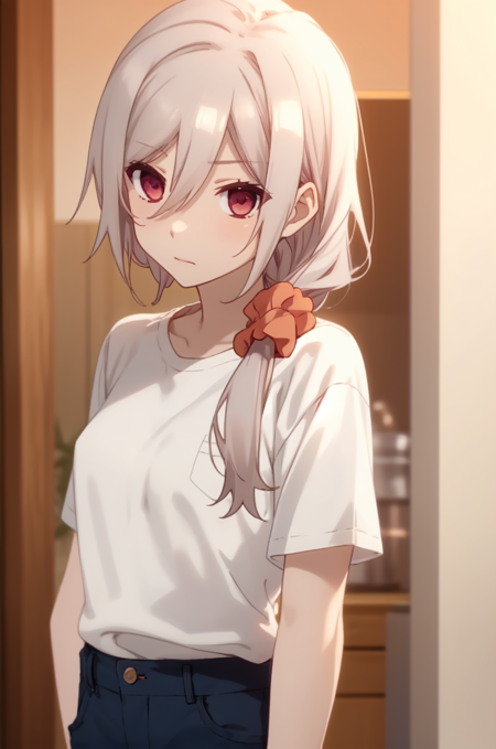 liz_fk, short hair, shirt, bare shoulders, short sleeves, off shoulder, shorts, black shorts Sella_fk, hair over shoulder, long hair, hair ornament, hair between eyes, white shirt, shirt, pants, scrunchie, casual, short sleeves