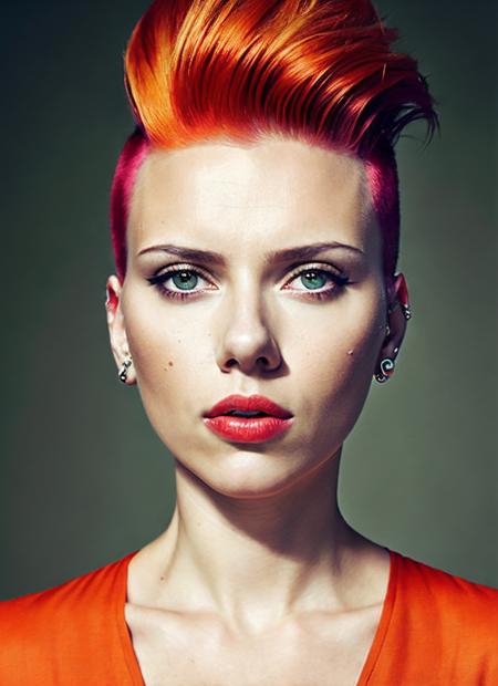 portrait of sks woman by Flora Borsi, style by Flora Borsi, bold, bright colours, orange Mohawk haircut, ((Flora Borsi)), <lora:locon_scarlett_v1_from_v2_64_32:1.3>