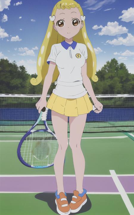 1girl, solo, (full body), highest quality, ((high detail:1.2)), (HDR), (cinematic light:1.1), highres, blonde hair, long hair, (twintails), hair intakes, brown eyes, dot nose, ( tennis uniform ), (medium breasts), looking at viewer, blue sky, school, <lora:hana_makihatayama:0.8> , (makihatayama_hana), standing, <lora:AnimeStyleLoraWith_v10ForAnythingV40:0.6>, shade, anime keyvisual, magazin collage, megami magazine