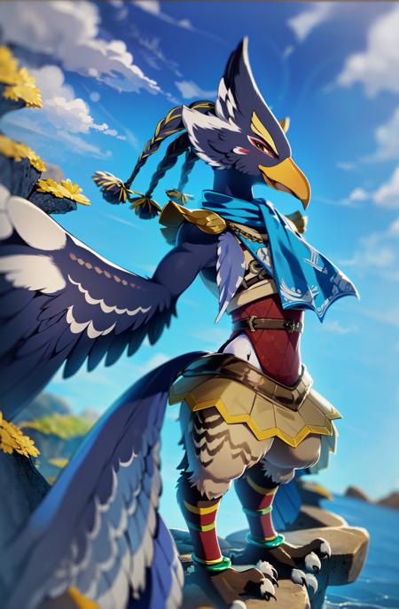 masterpiece, best quality revali, ,anthro avian bird, beak, ((winged-arms)), detailed, masterpiece, forest  background, blue sky , green eyes,  bird tail, armor, feathered wings, claws, tail, blue, feathers, anklet, bird legs, looking at viewer, fullbody