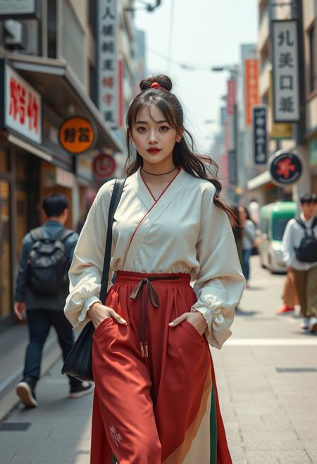 A young Korean woman wearing a modern streetwear outfit inspired by traditional hanbok, walking through a busy Seoul street, realistic style, high detail, fashionable and trendy, urban vibe.