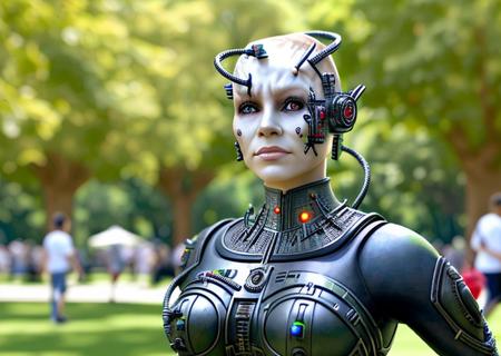 trekborg, a borg woman outdoors in a crowded park, realistic, detailed, masterpiece