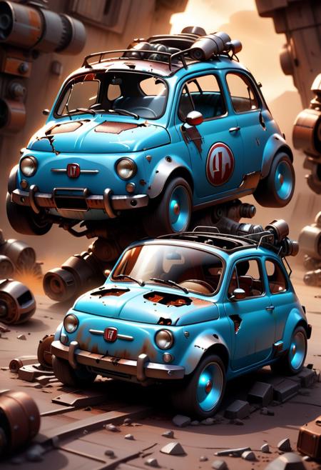 Highest quality, (masterpiece:0.5), dynamic angle, dark glowing, chibi skyblue fiat500 logo, damaged and reveal the rugged beauty of mechanical life, dvr-rst,